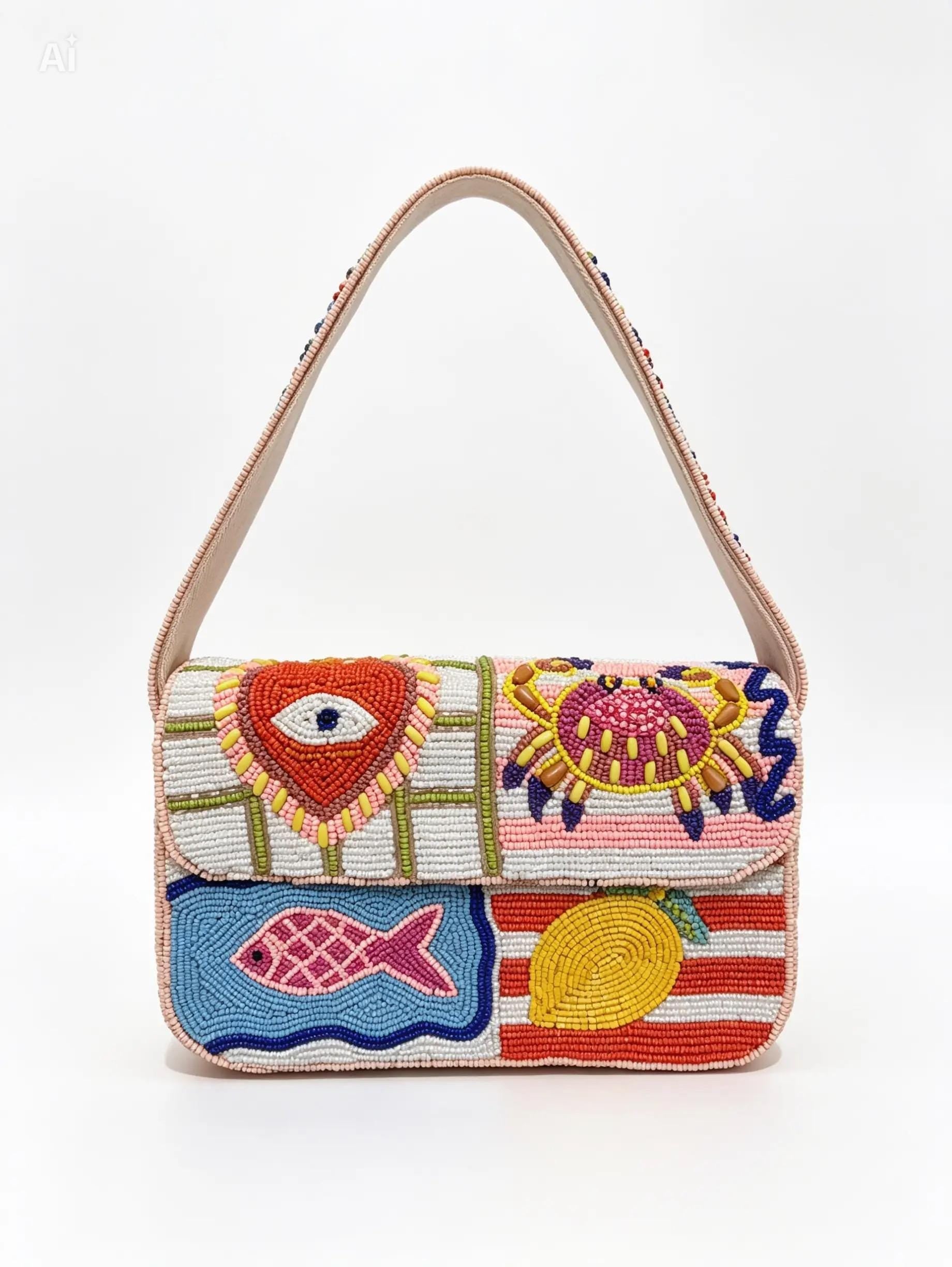 Handmade Beaded Shoulder Bag | Mediterranean Evil Eye, Fish, Crab, Lemon Designs