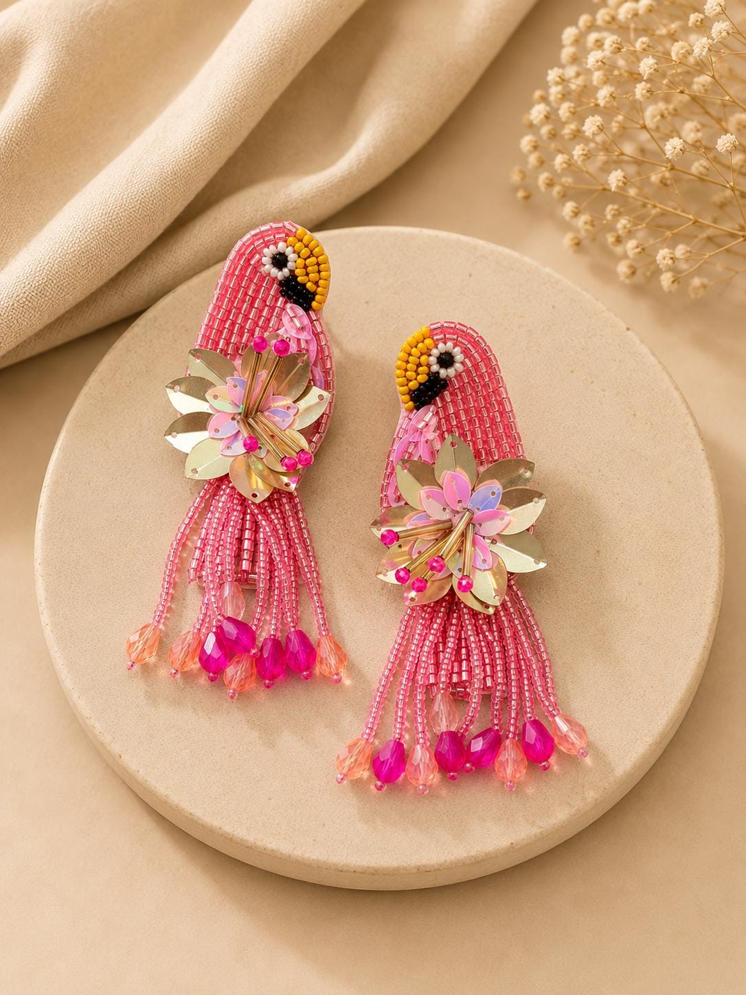 Handmade Beaded Parrot Earrings, Colourful Floral Boho Statement Jewellery, sequin earrings