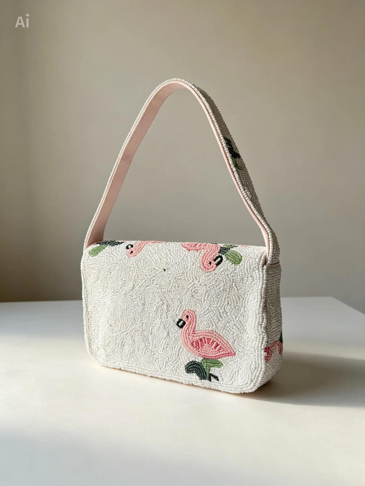Handmade Beaded Flamingo Shoulder Bag | Tropical Leaves Purse, Summer Beach Accessory