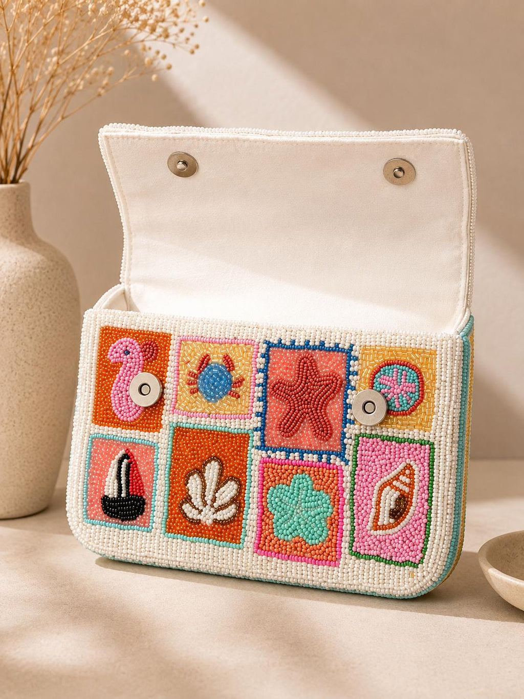 Handmade Beaded Shoulder Bag, Colorful Coastal Seashell Purse, Nautical Summer Handbag