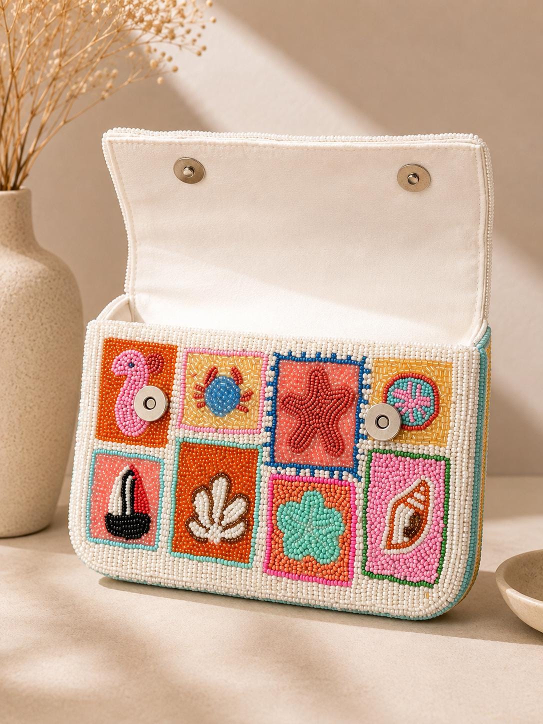 Handmade Beaded Shoulder Bag, Colorful Coastal Seashell Purse, Nautical Summer Handbag