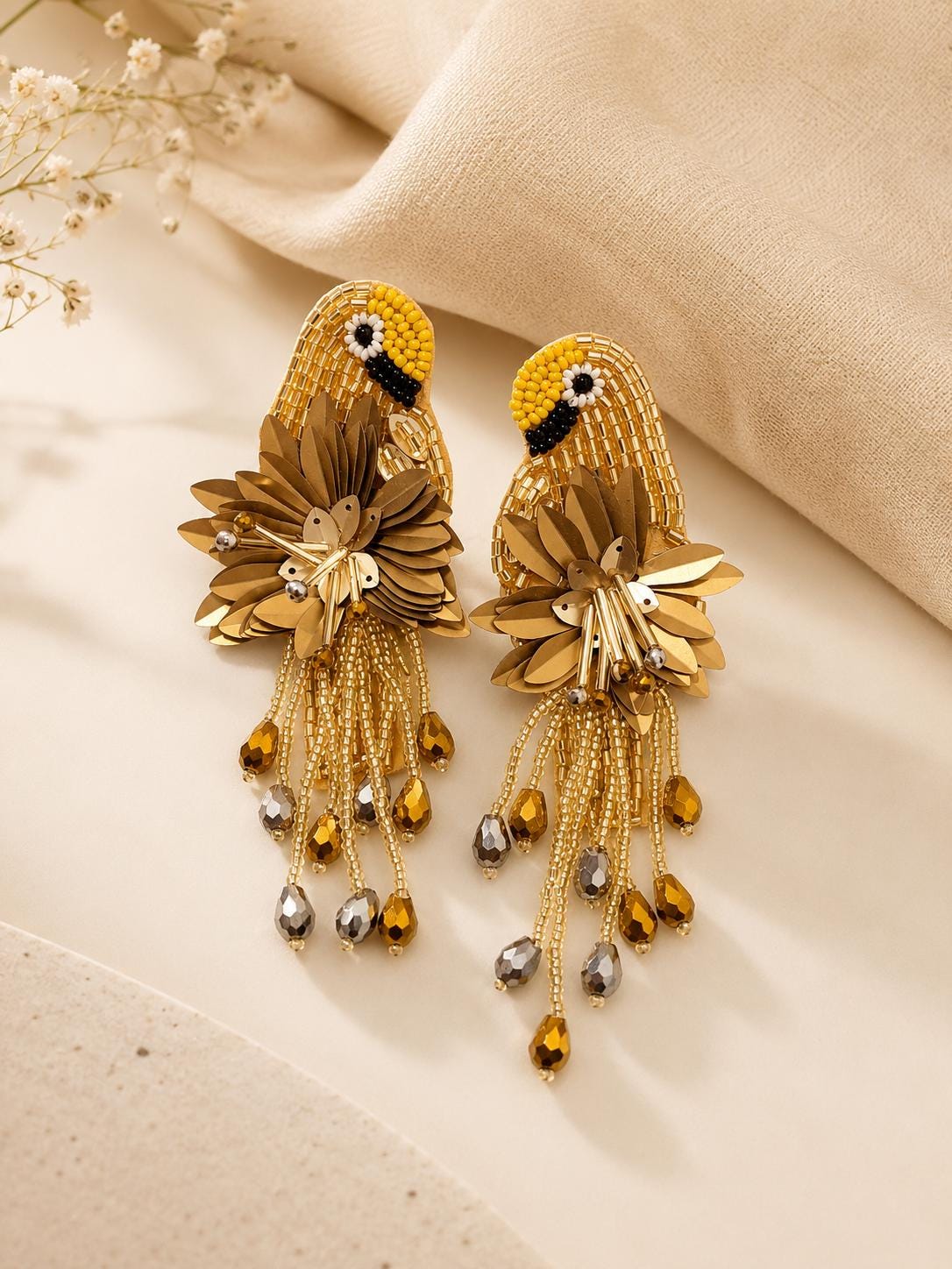 Handmade Beaded Parrot Earrings, Colourful Floral Boho Statement Jewellery, sequin earrings
