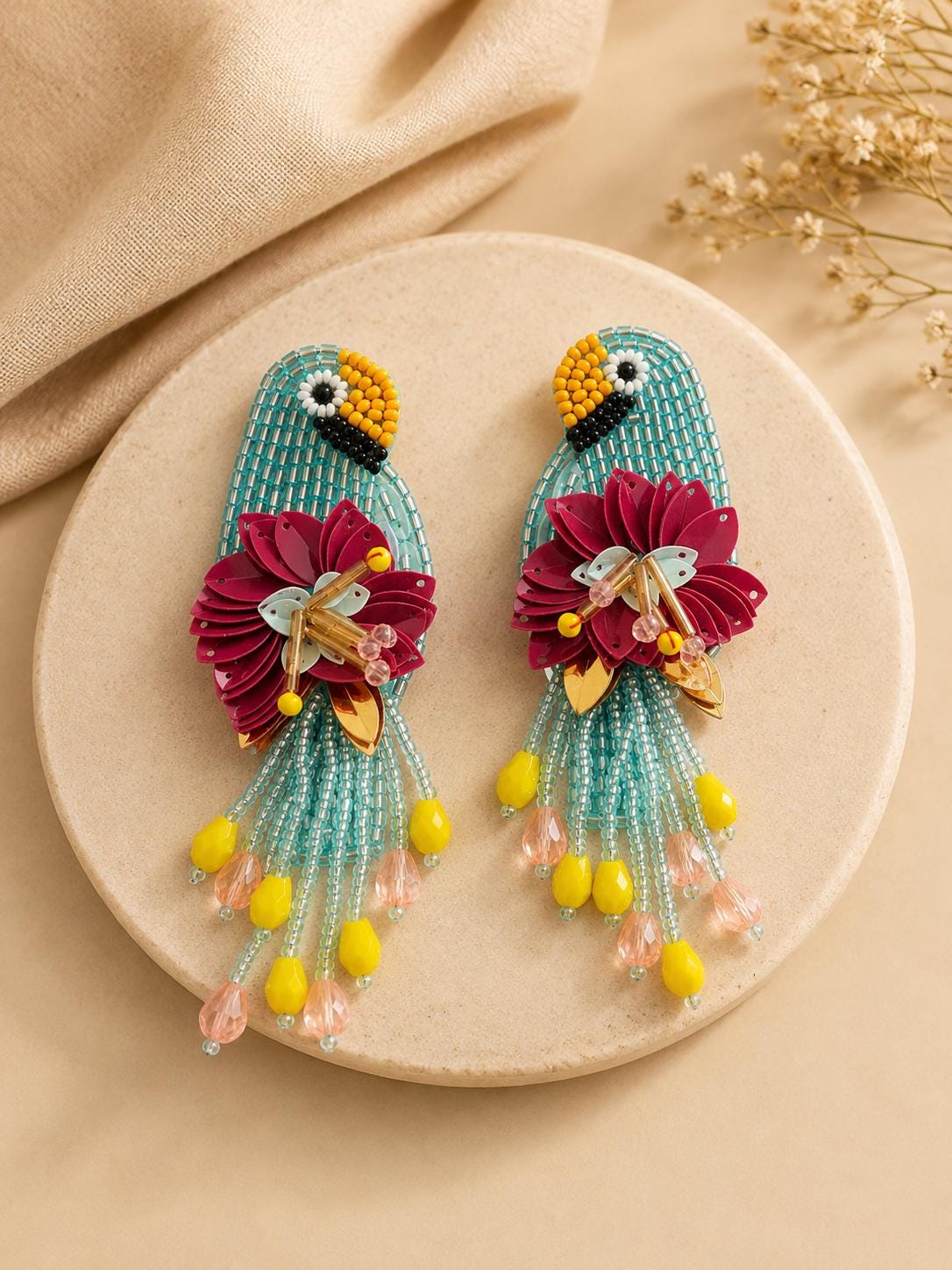 Handmade Beaded Parrot Earrings, Colourful Floral Boho Statement Jewellery, sequin earrings