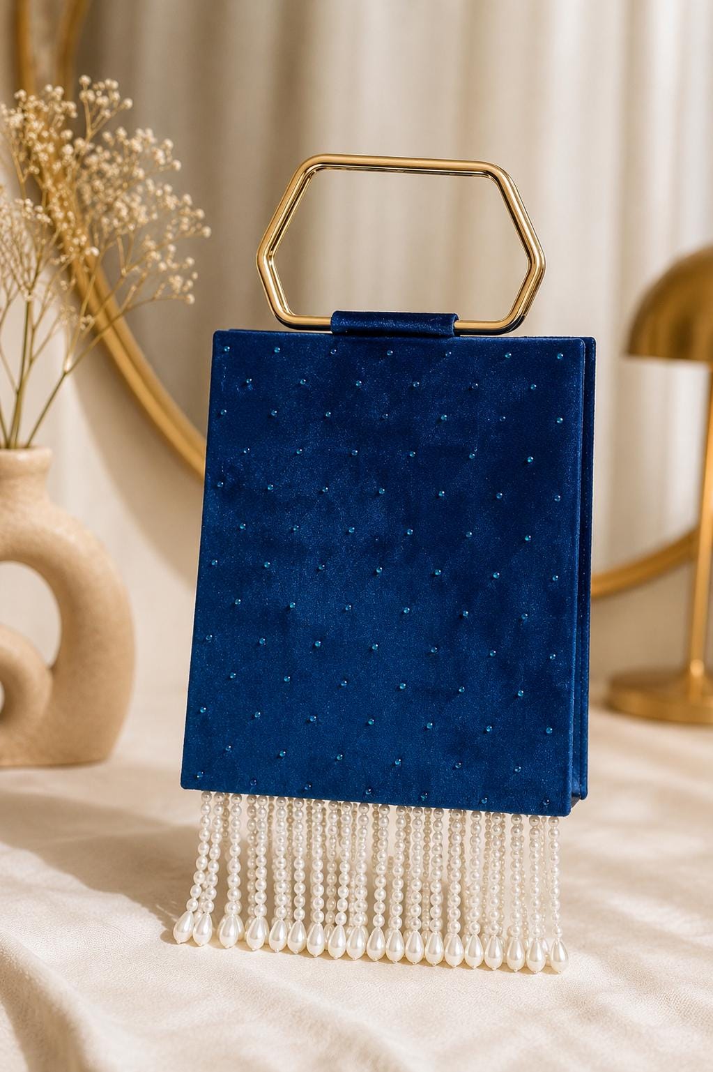 Handmade Blue Beaded Clutch Bag, Pearl Fringe Evening Purse, Art Deco Statement Handbag