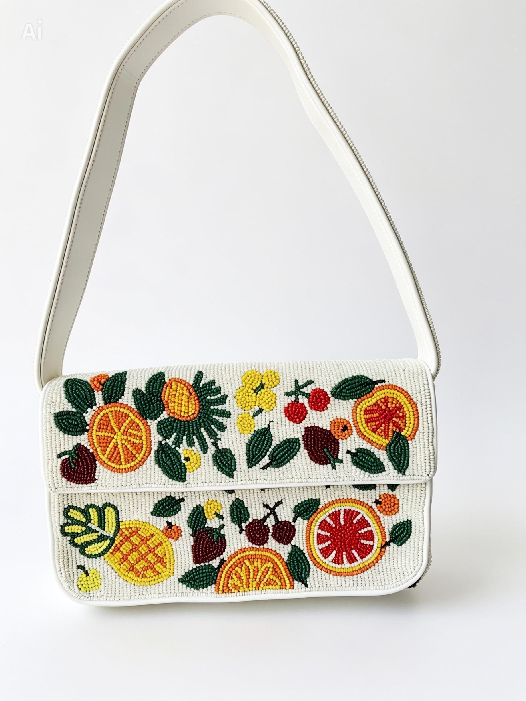 Handmade Beaded Fruit Shoulder Bag, Tropical Citrus Embroidery, Summer Purse