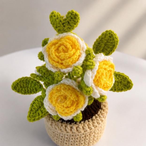 Crocheted Rose Flower Pot Arrangement, Everlasting Floral Home Decor