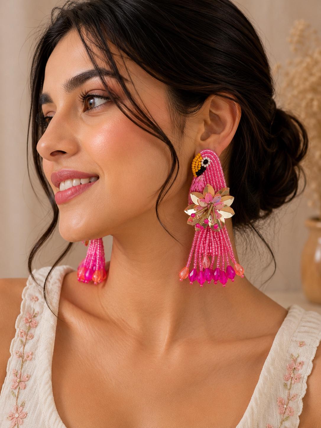 Handmade Beaded Parrot Earrings, Colourful Floral Boho Statement Jewellery, sequin earrings