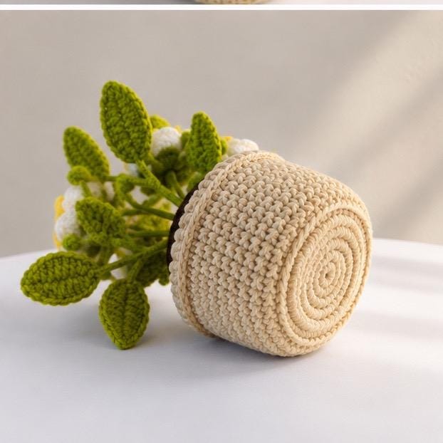 Crocheted Rose Flower Pot Arrangement, Everlasting Floral Home Decor