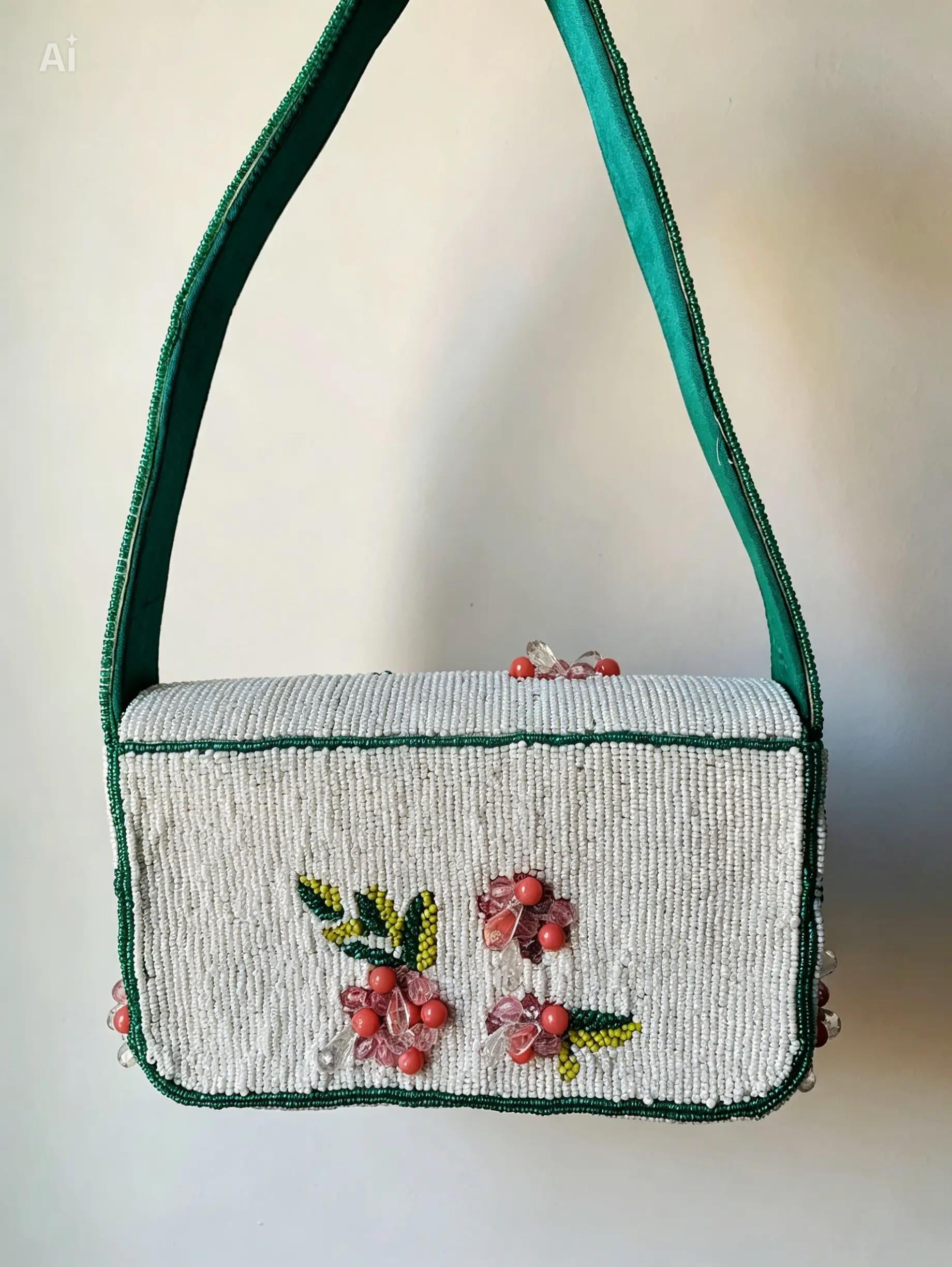 Handmade White Seed Bead Floral Bag, Pink Crystal Flower Shoulder Handbag