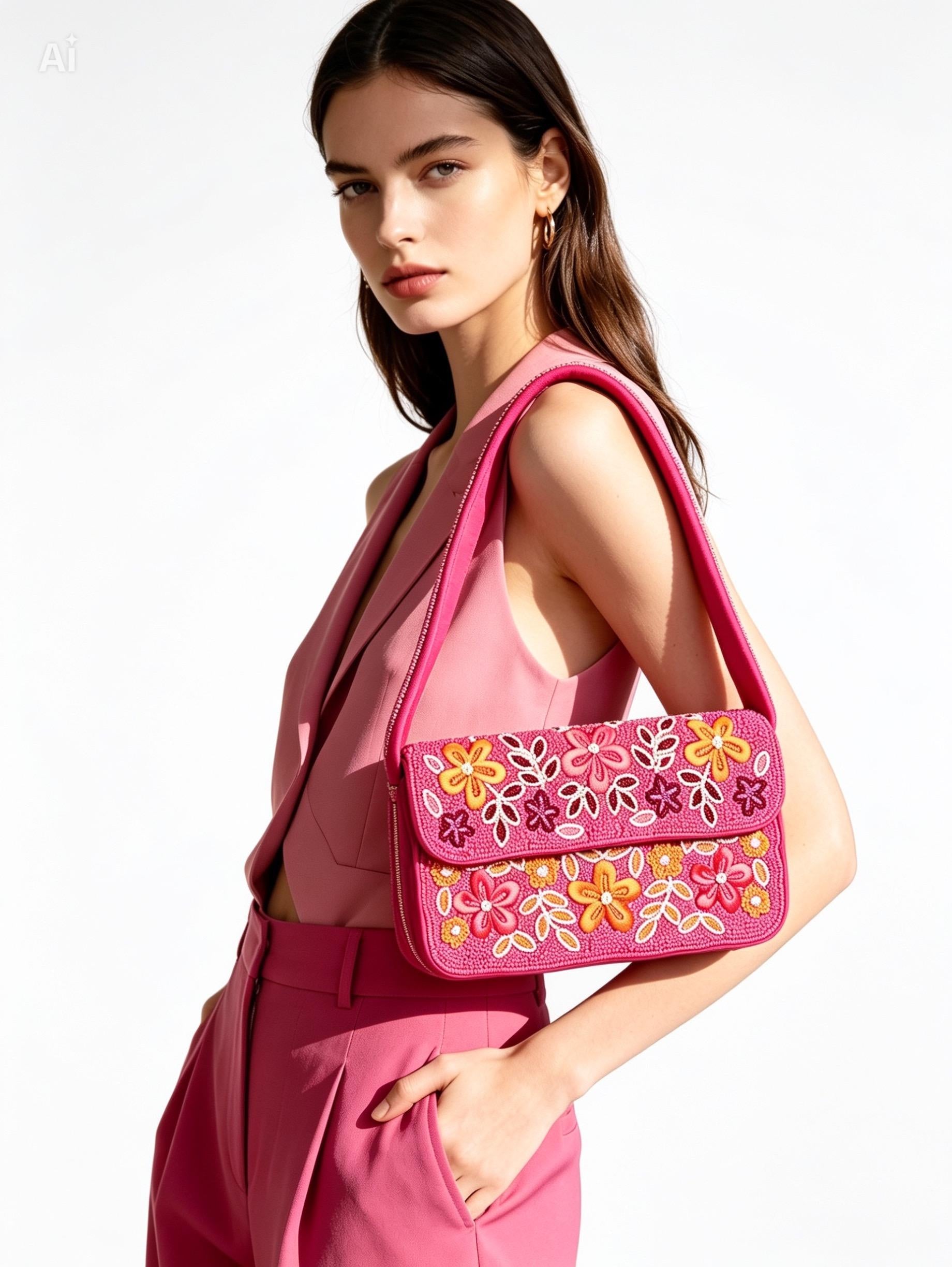 Handmade Beaded Floral Shoulder Bag, Hot Pink Y2K Statement Purse