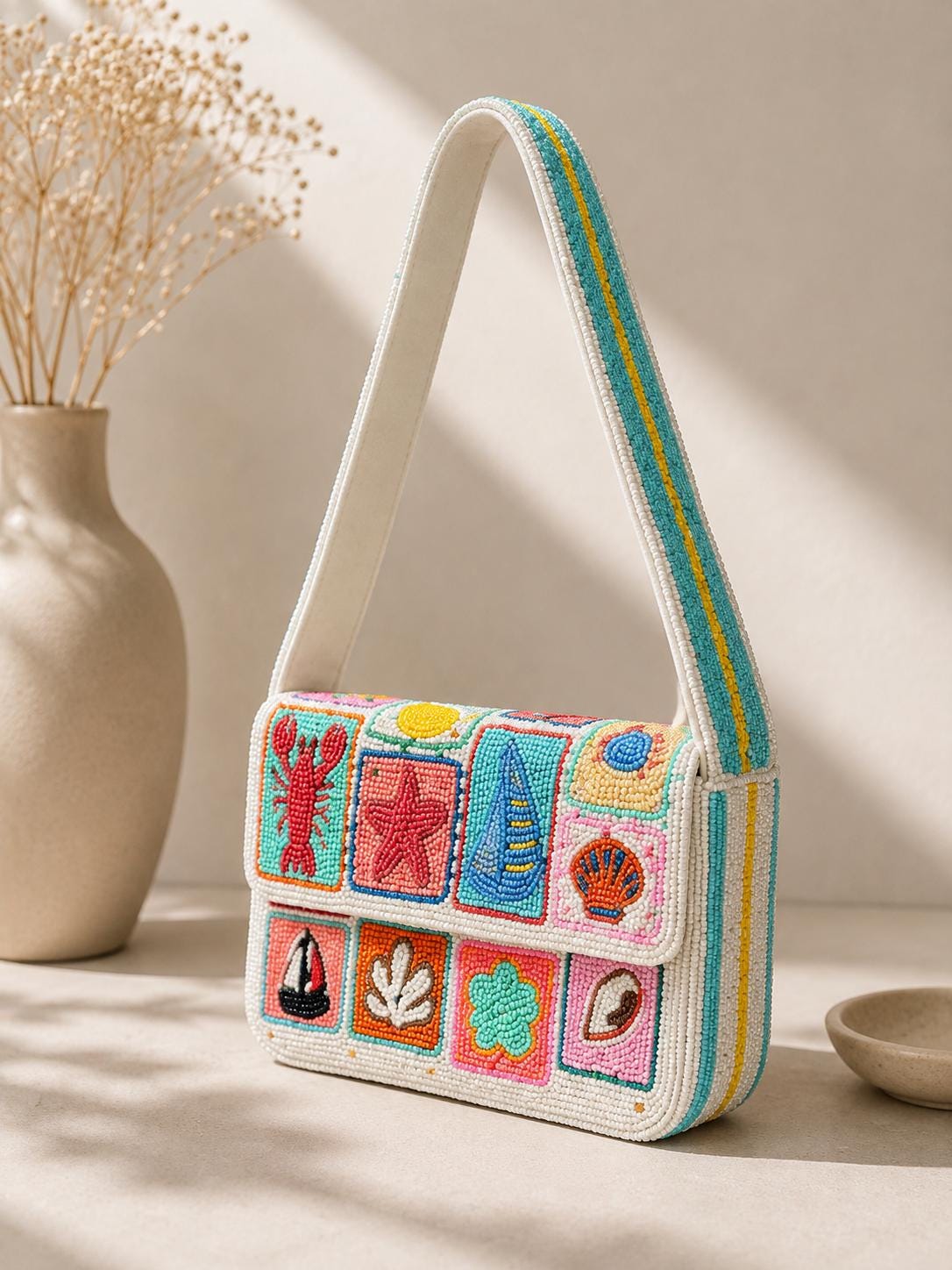 Handmade Beaded Shoulder Bag, Colorful Coastal Seashell Purse, Nautical Summer Handbag