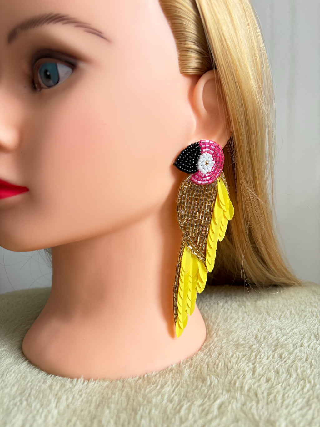 Handmade Red Parrot Beaded Earrings | Tropical Statement Earrings | Boho Bird Jewelry