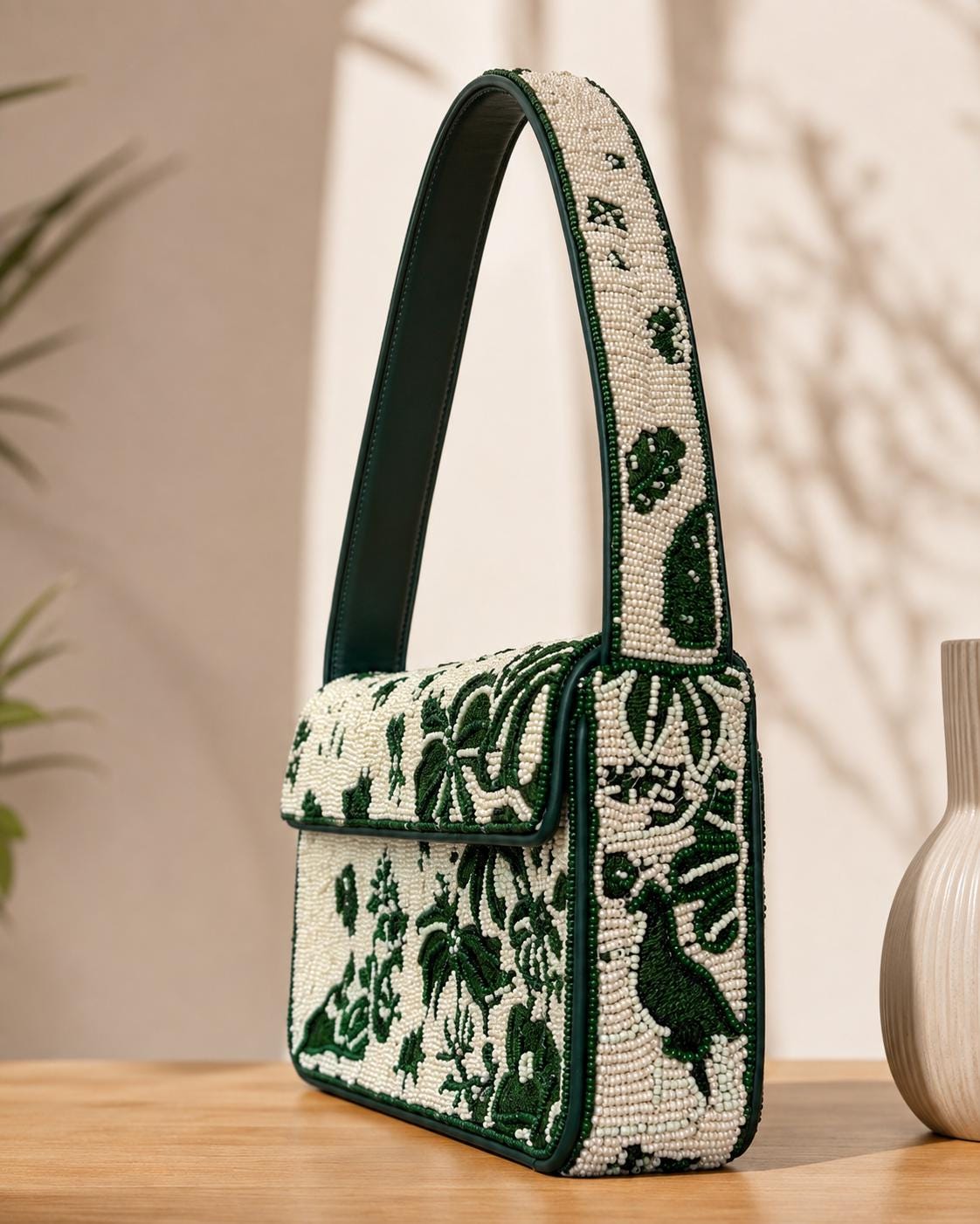 Handmade Beaded Shoulder Bag – Green Ivory Floral Botanical Statement Purse