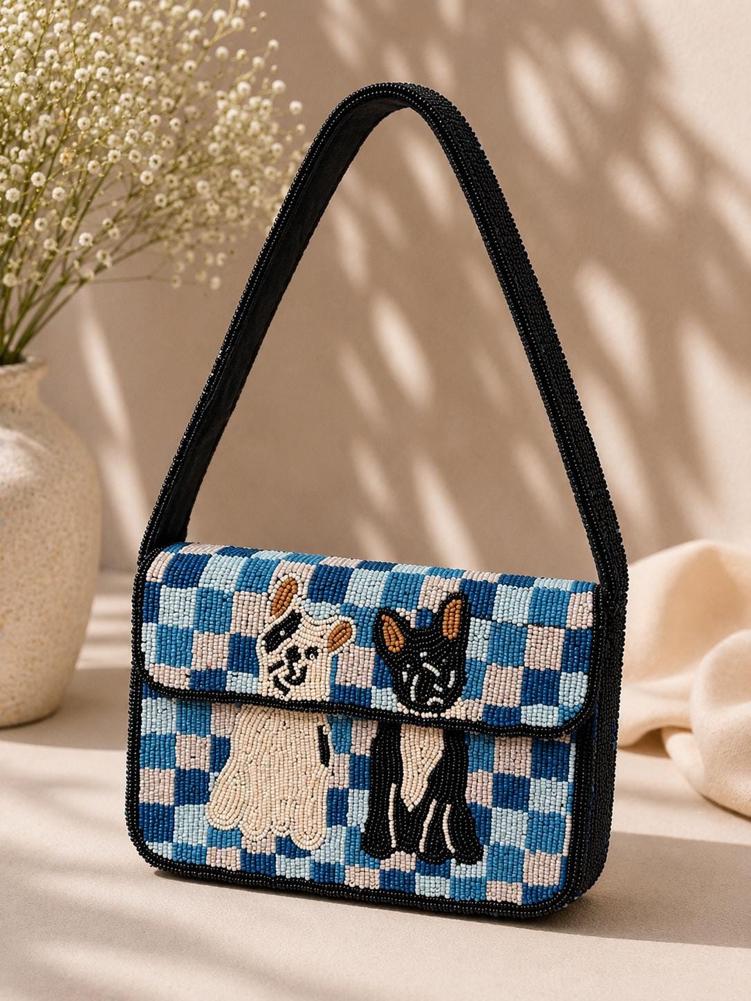 Handmade Beaded Dog Shoulder Bag – Blue Checkered Puppy Purse Statement Accessory