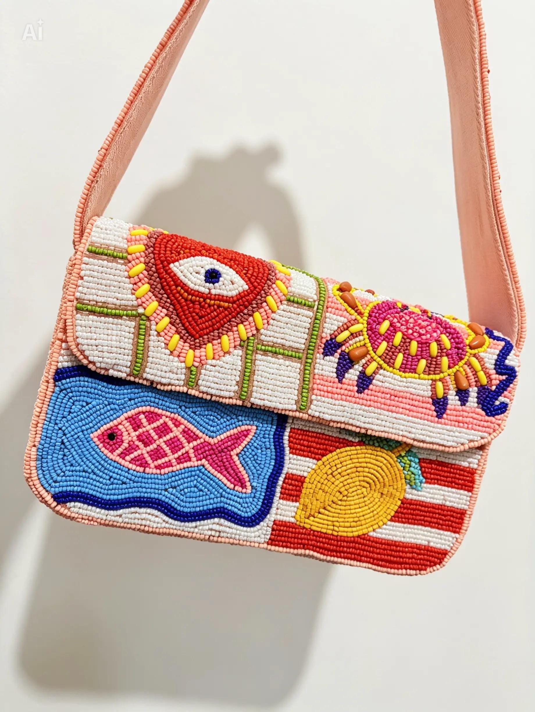 Handmade Beaded Shoulder Bag | Mediterranean Evil Eye, Fish, Crab, Lemon Designs