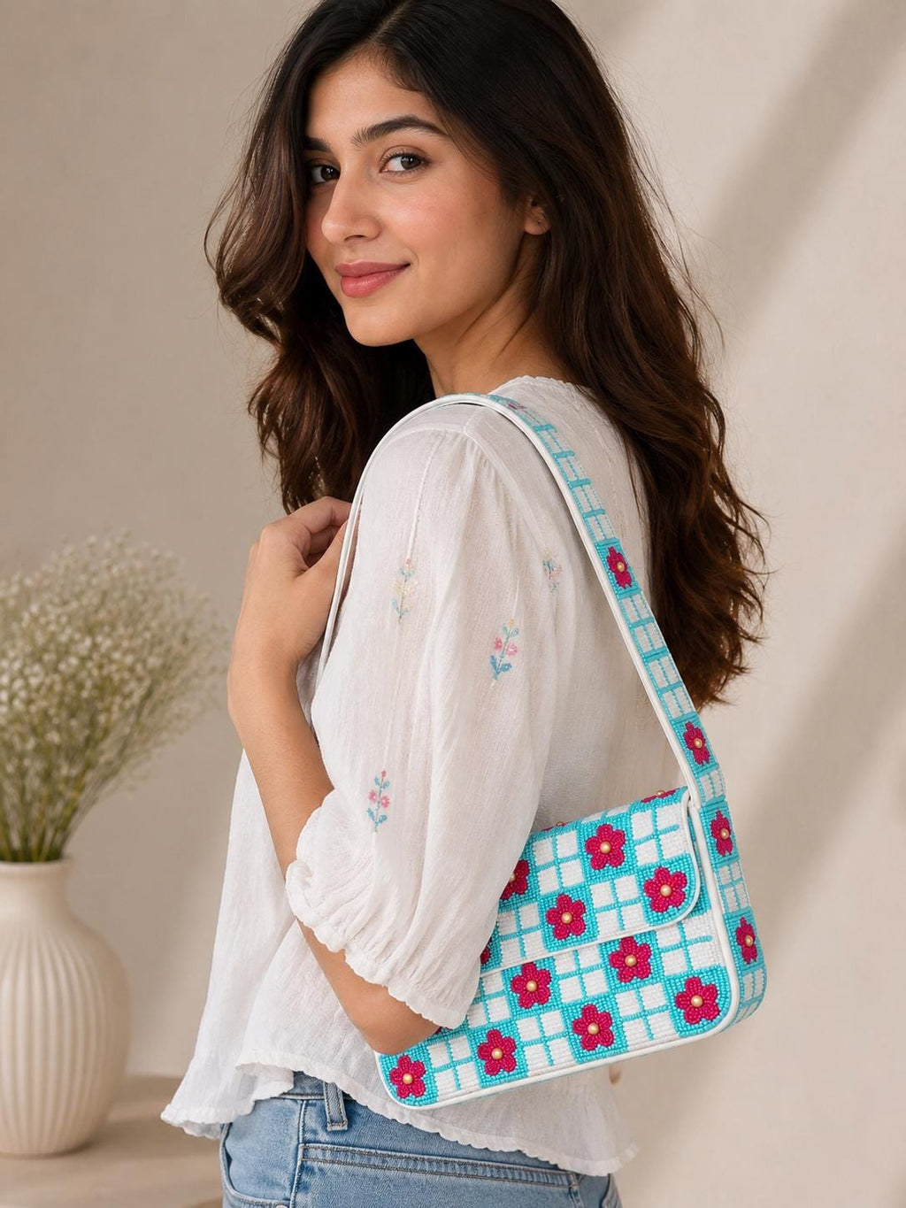 Handmade Beaded Shoulder Bag, Turquoise Checkered Floral Purse, Pink Flower Handbag