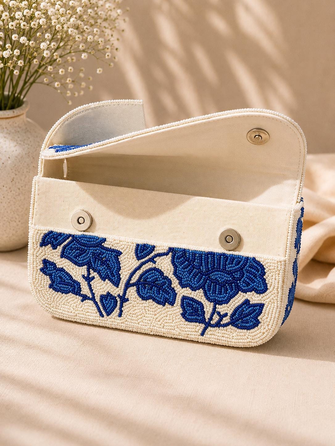 Handmade Blue Floral Beaded Shoulder Bag – Ivory Statement Purse, Artisan Accessory