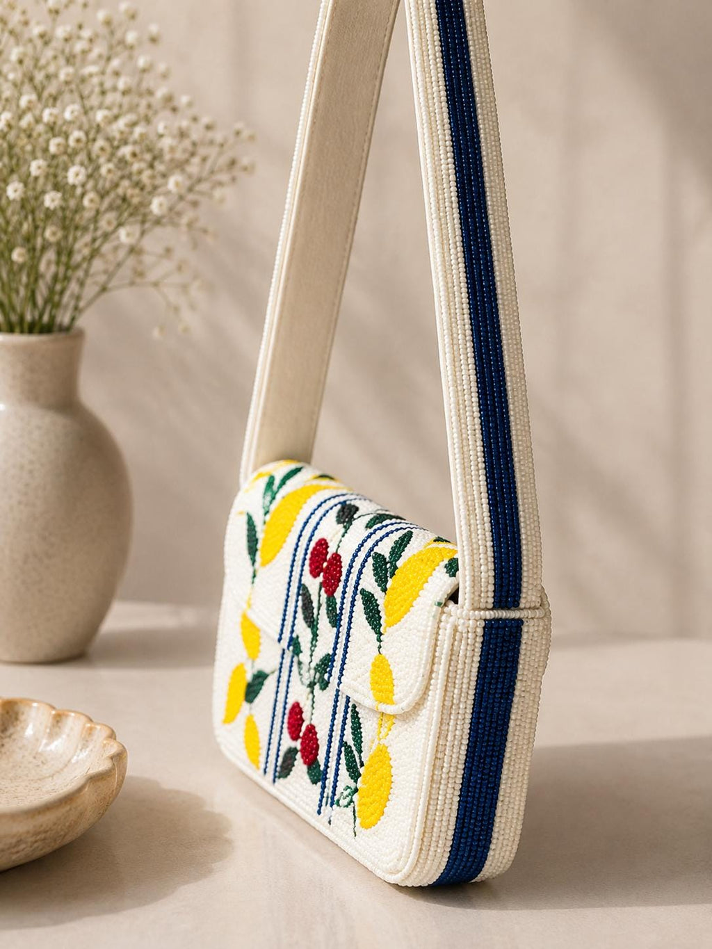 White Beaded Shoulder Bag | Floral Cherry Seed Bead Handbag | Artisan Evening Purse