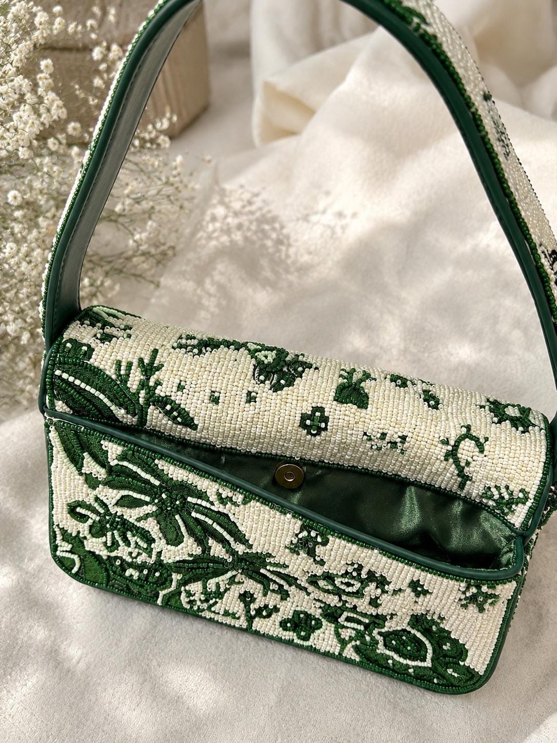 Handmade Beaded Shoulder Bag – Green Ivory Floral Botanical Statement Purse
