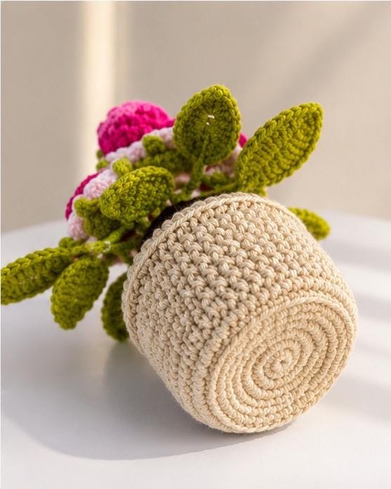 Crocheted Rose Flower Pot Arrangement, Everlasting Floral Home Decor