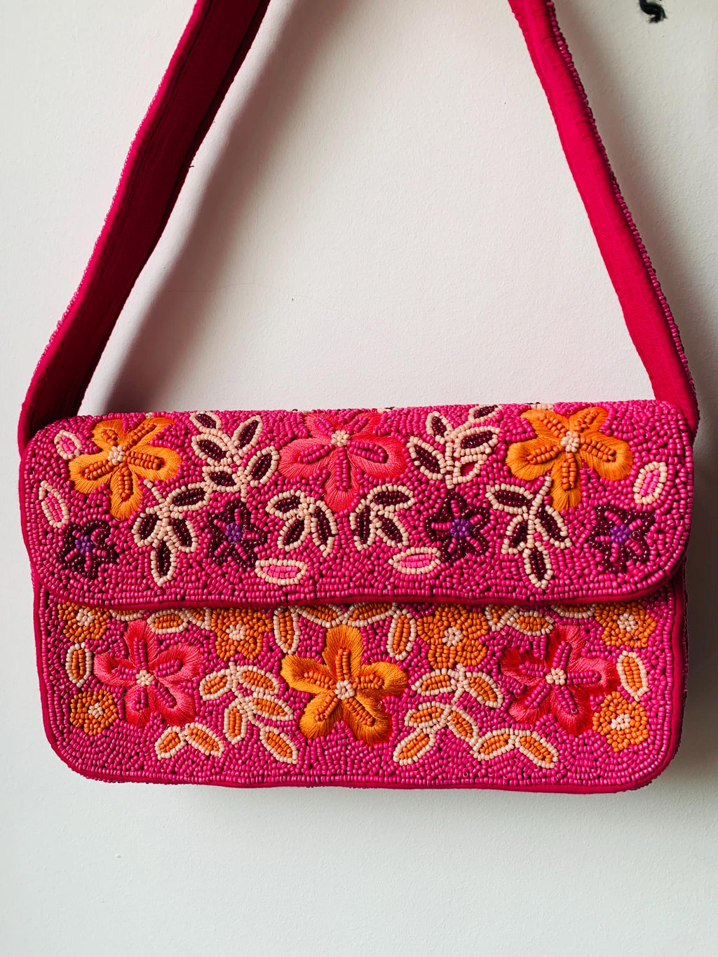 Handmade Beaded Floral Shoulder Bag, Hot Pink Y2K Statement Purse
