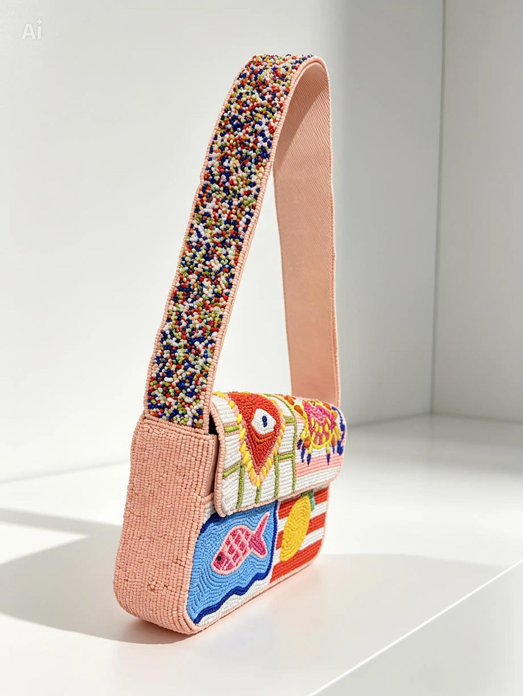 Handmade Beaded Shoulder Bag | Mediterranean Evil Eye, Fish, Crab, Lemon Designs