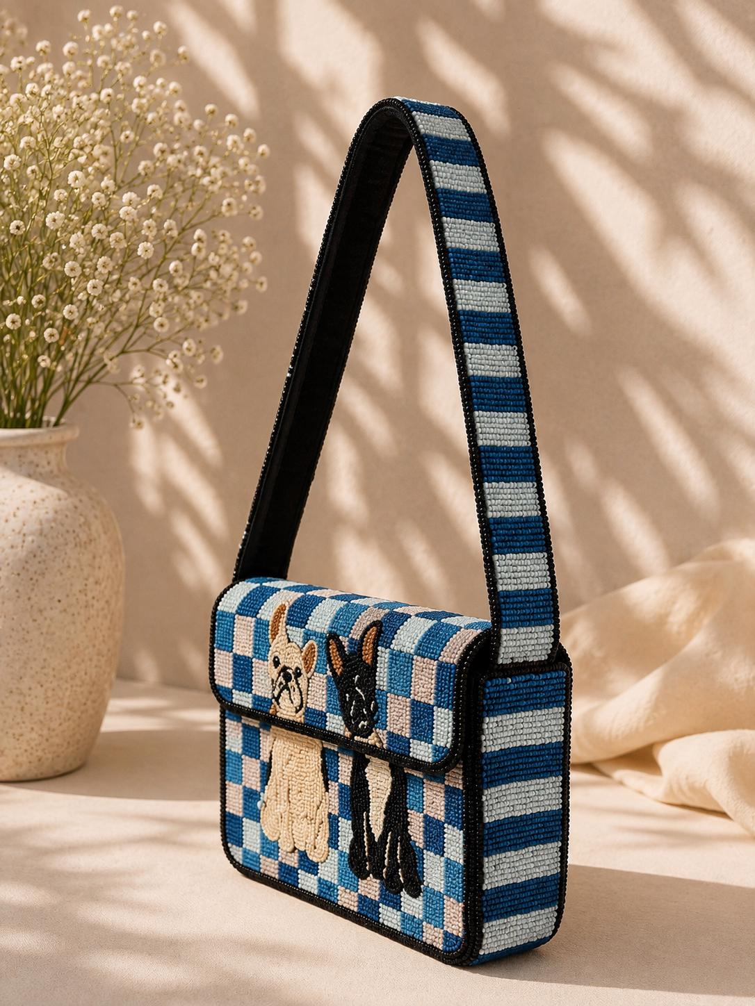 Handmade Beaded Dog Shoulder Bag – Blue Checkered Puppy Purse Statement Accessory