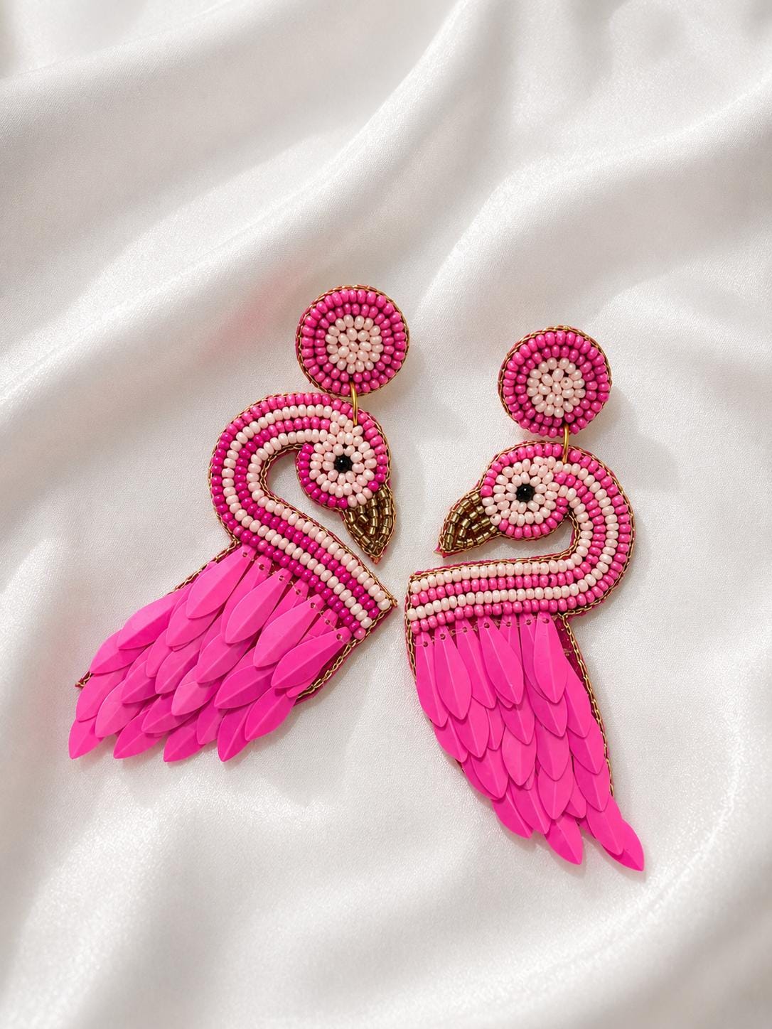 Handmade Beaded Flamingo Statement Earrings | Colorful Sequin Tropical Bird Jewelry