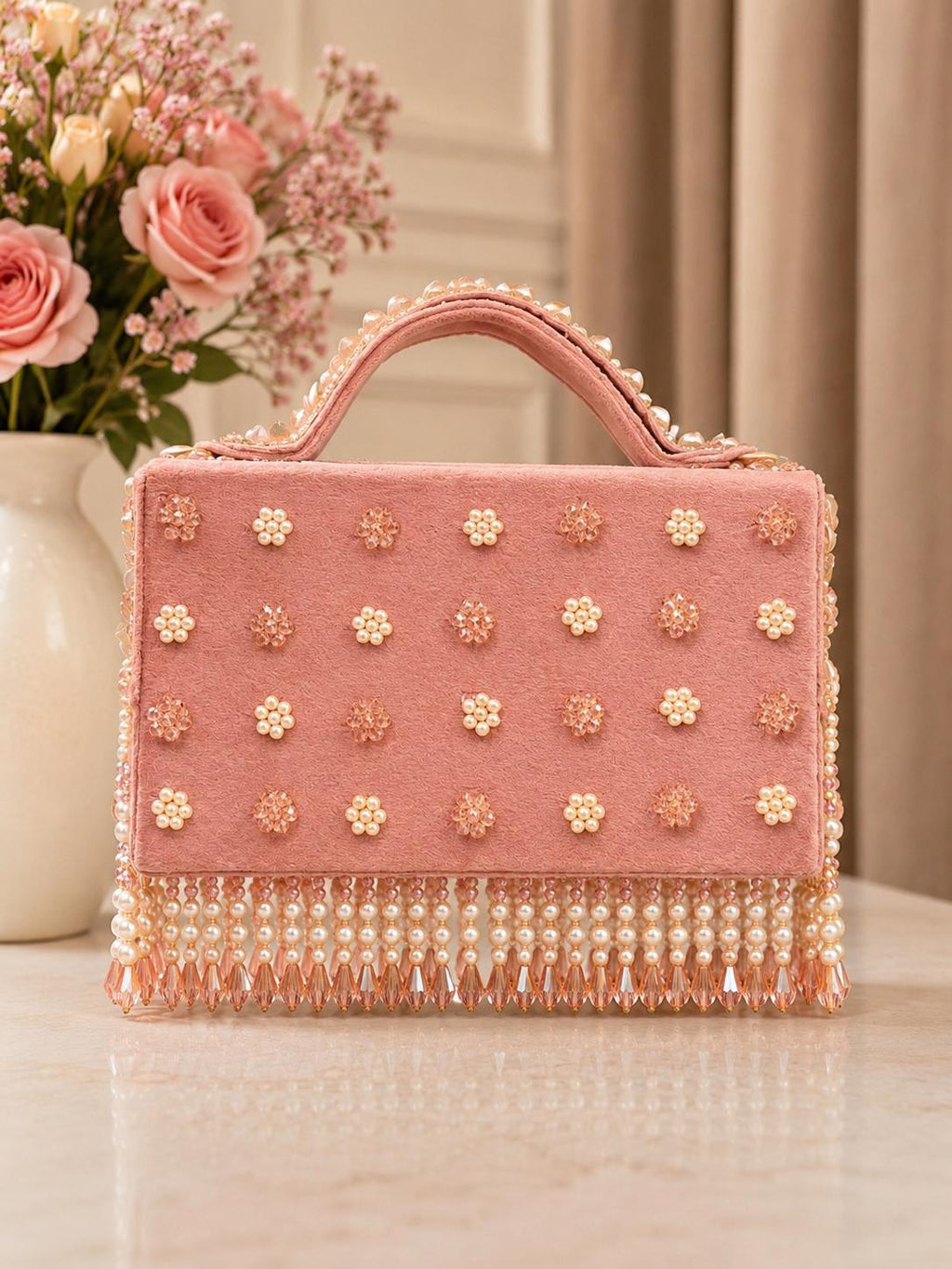 Blush Pink Beaded Pearl Fringe Clutch Bag, Floral Bridal Evening Purse