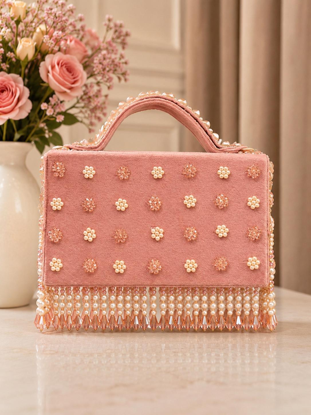 Blush Pink Beaded Pearl Fringe Clutch Bag, Floral Bridal Evening Purse