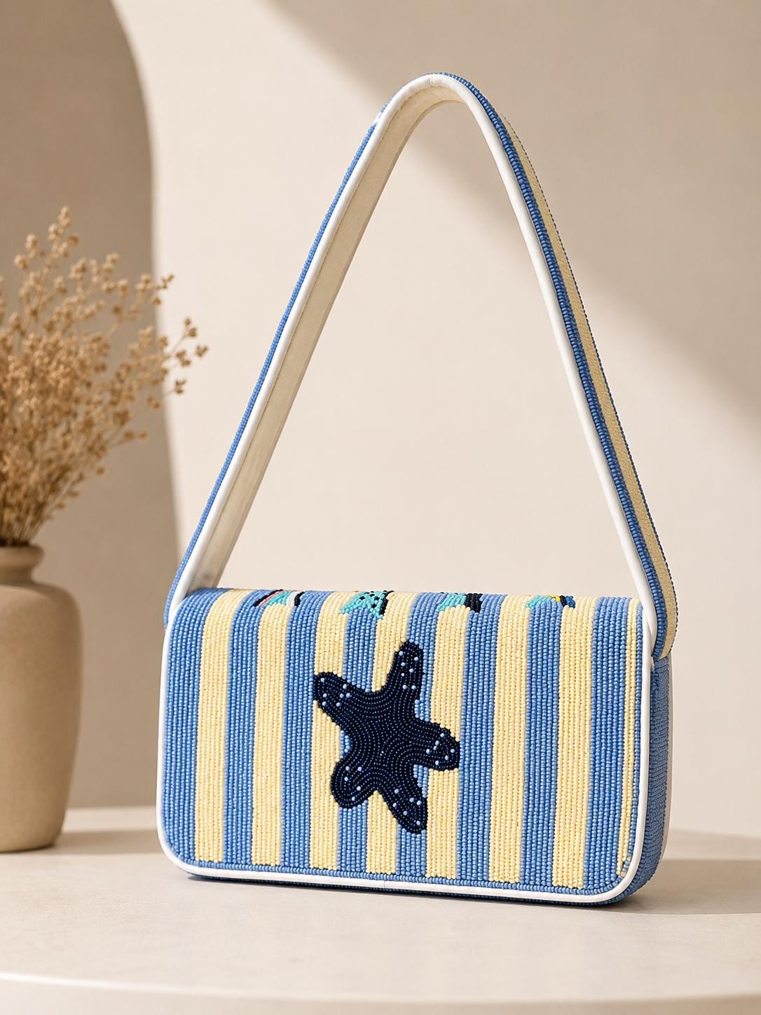 Handmade Beaded Fish Shoulder Bag | Blue Stripe Coastal Handbag, Ocean-Inspired Purse