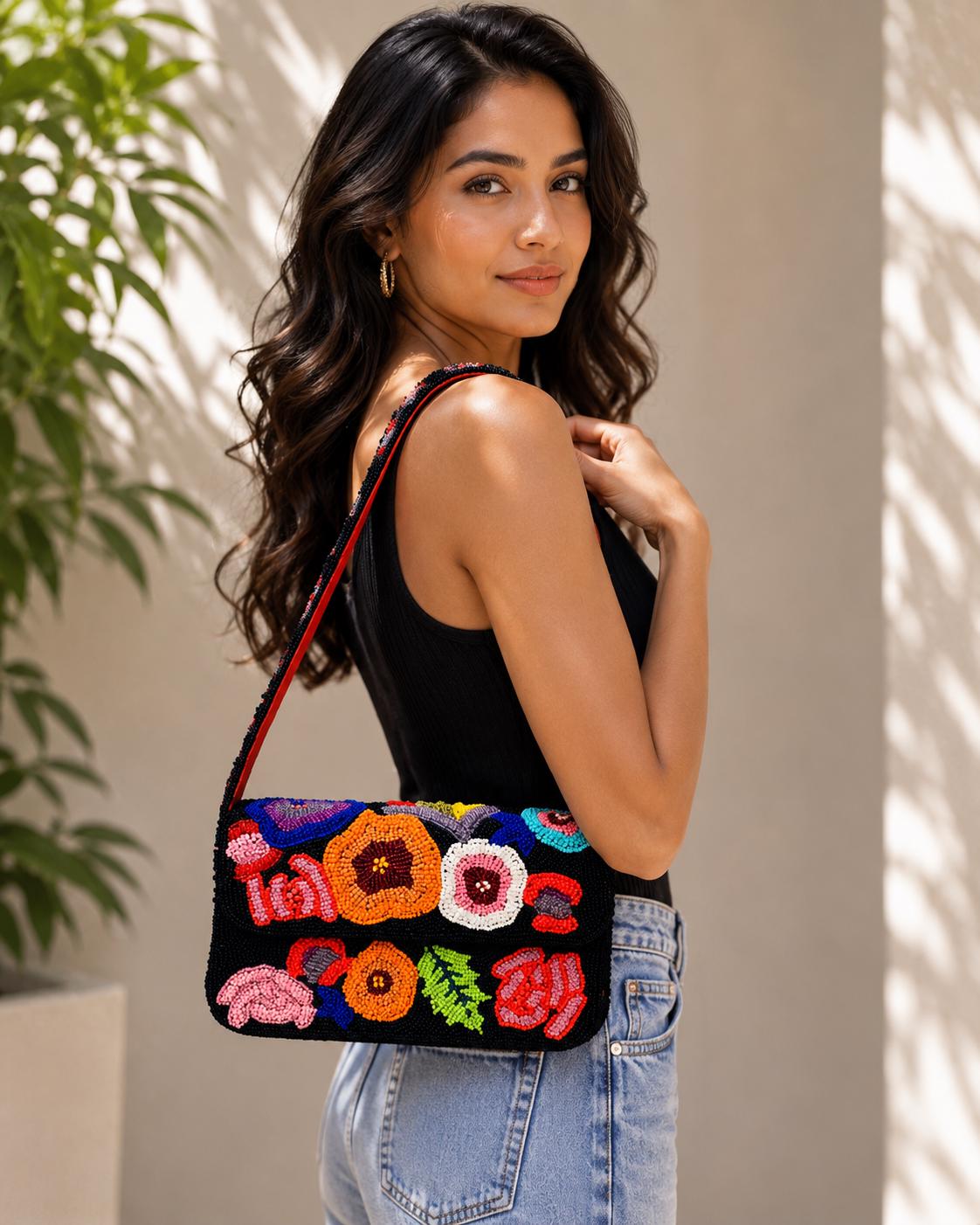 Handmade Beaded Flower Shoulder Bag | Artisan Floral Evening Purse