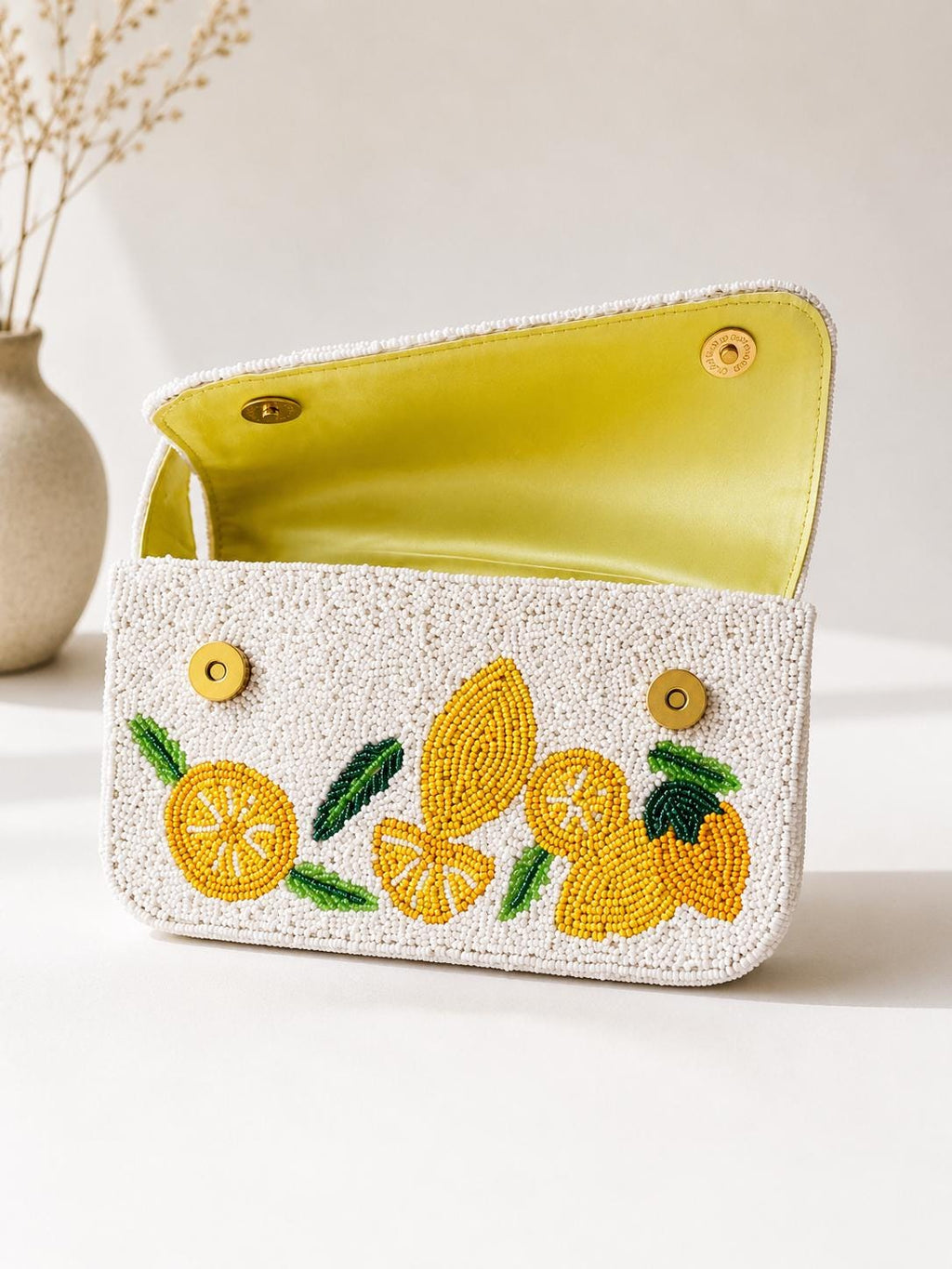 Handmade Lemon Beaded Shoulder Bag | Citrus Fruit Purse | White Seed Bead Handbag