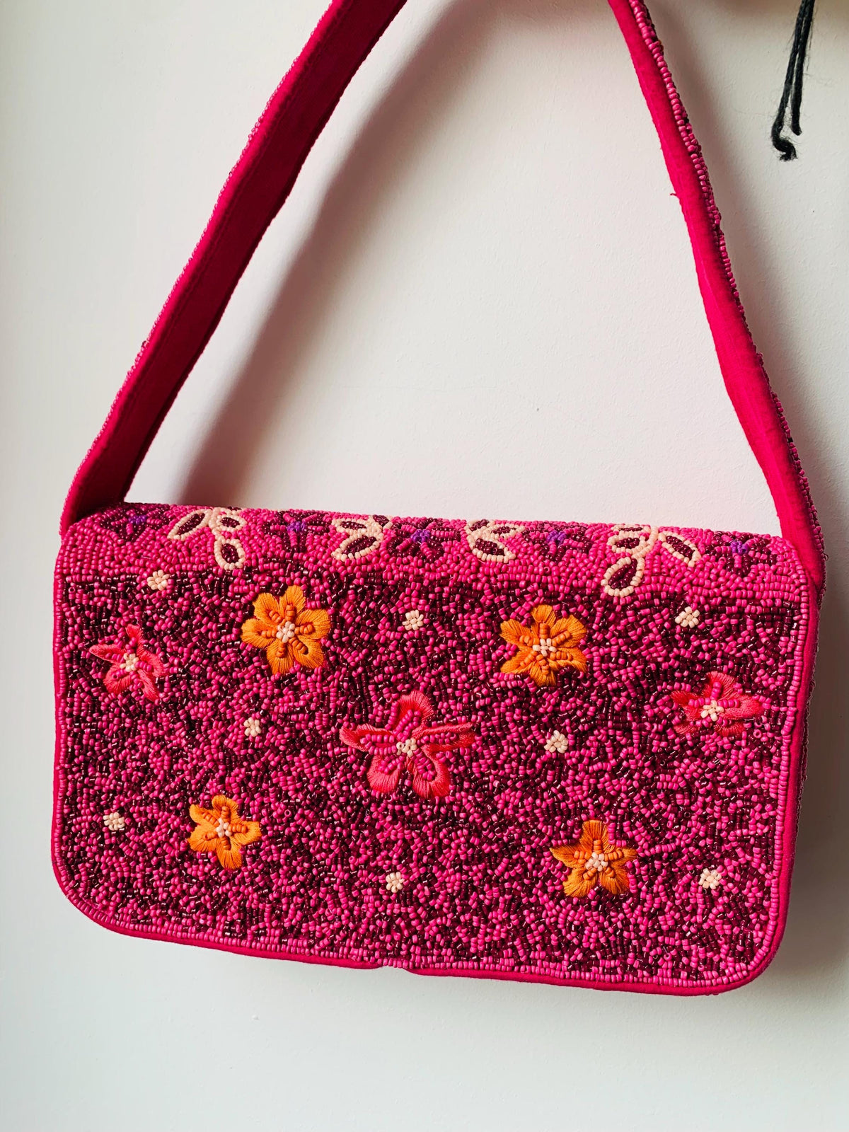 Handmade Beaded Floral Shoulder Bag, Hot Pink Y2K Statement Purse