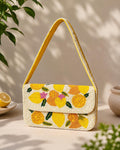 Handmade Lemon Beaded Shoulder Bag, White Seed Bead Citrus Purse, Summer Vacation Statement Bag