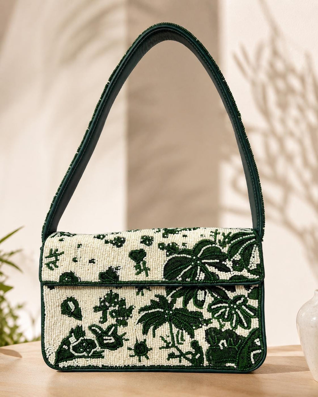 Handmade Beaded Shoulder Bag – Green Ivory Floral Botanical Statement Purse