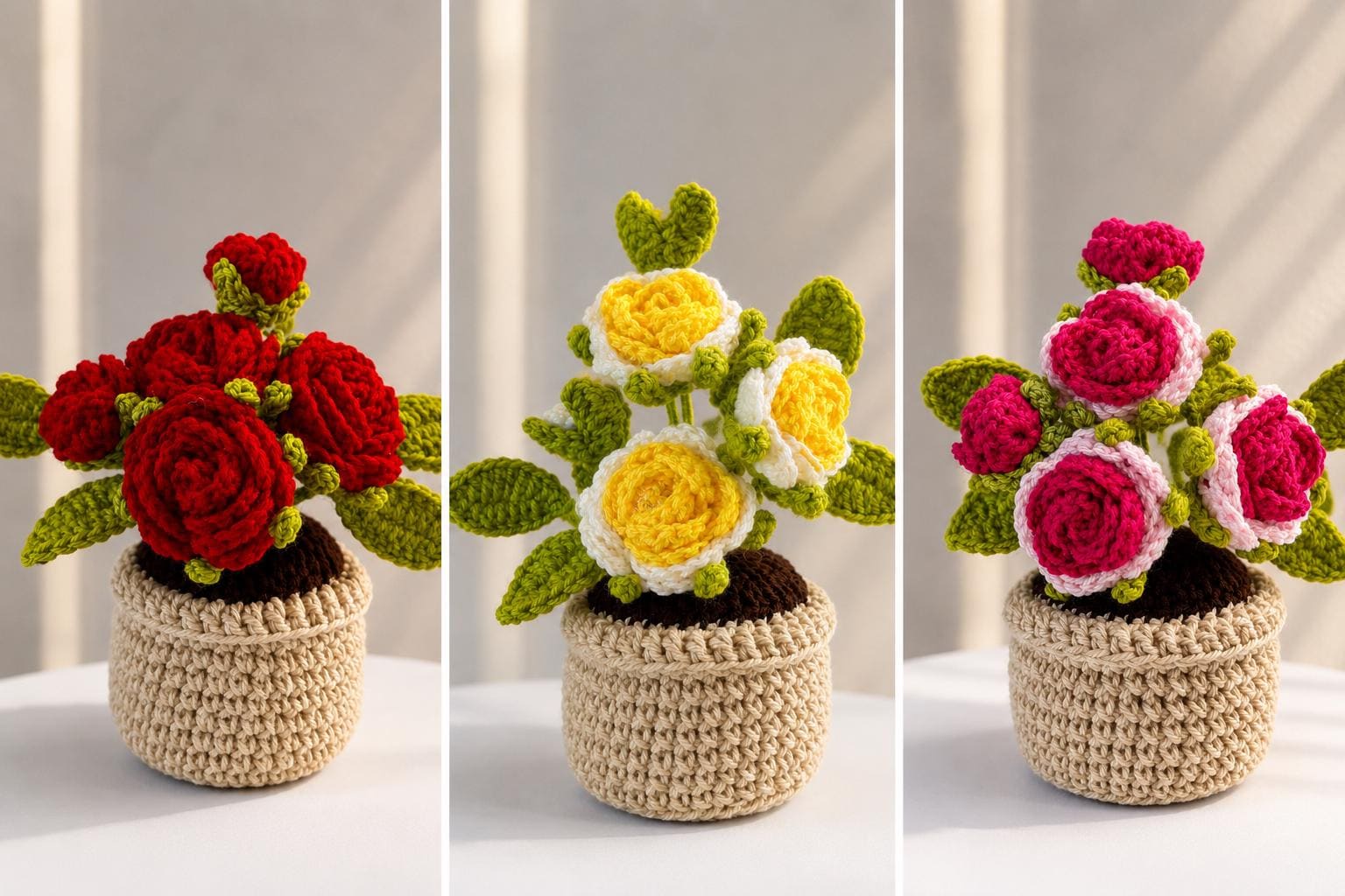 Crocheted Rose Flower Pot Arrangement, Everlasting Floral Home Decor