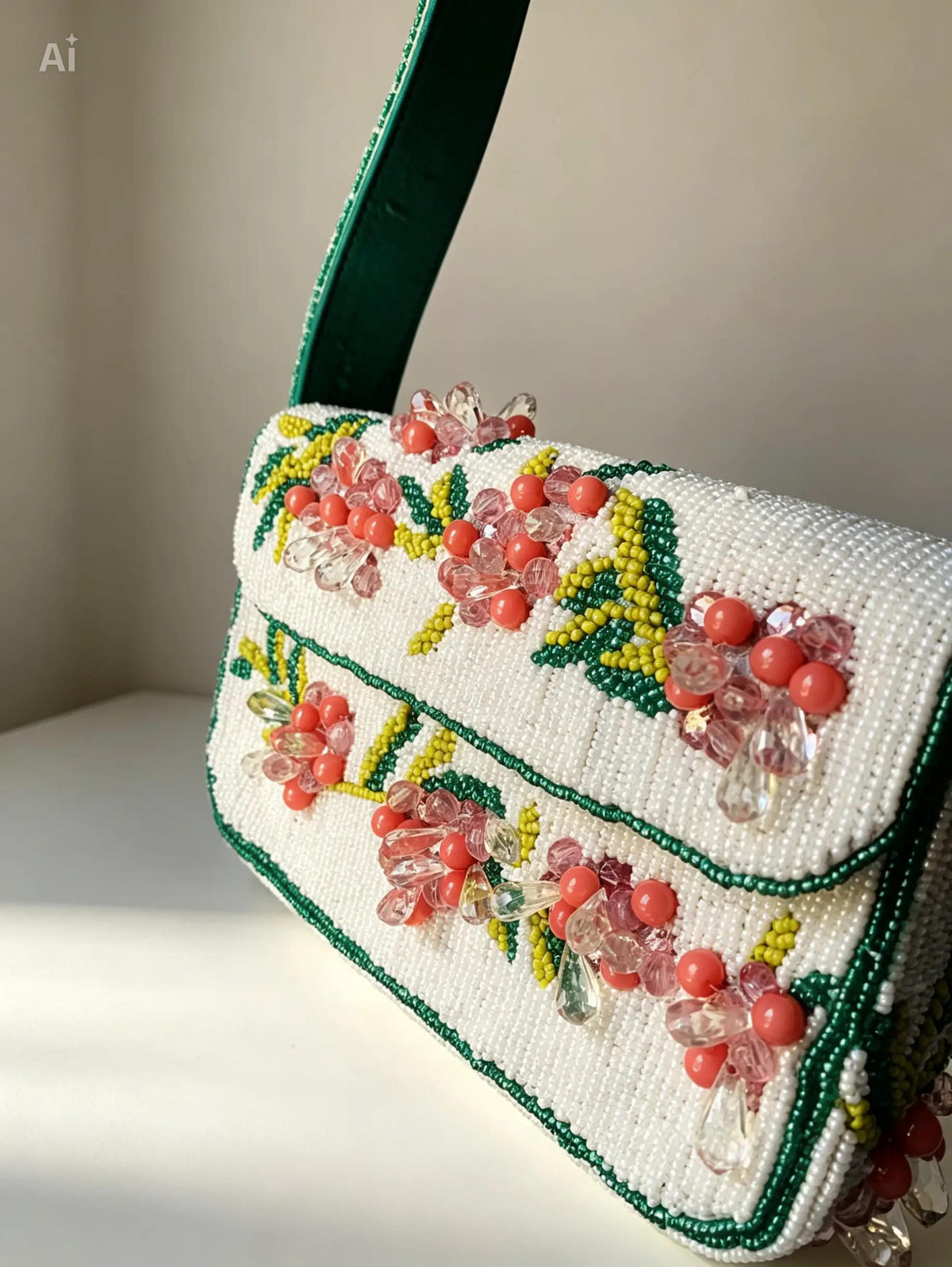 Handmade White Seed Bead Floral Bag, Pink Crystal Flower Shoulder Handbag