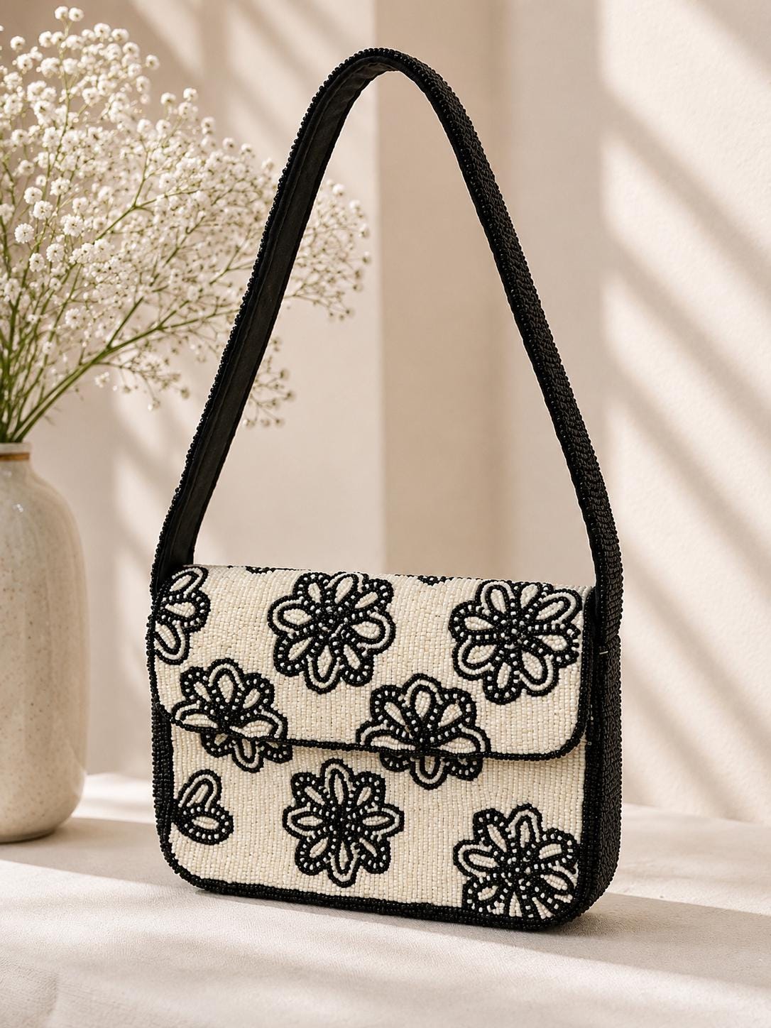 Handmade Black Ivory Floral Beaded Shoulder Bag – Elegant Evening Purse