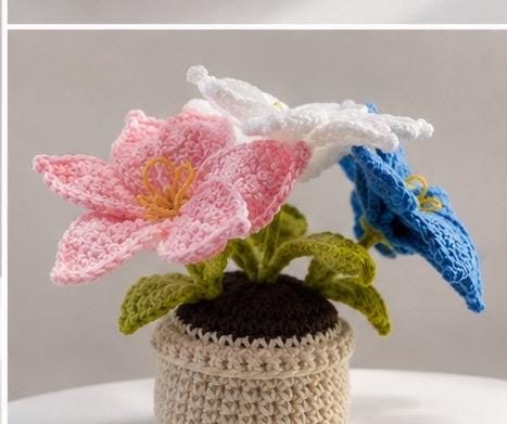 Handmade Crochet Flower Pot, Colourful Everlasting Floral Decor, Home Desk Accent