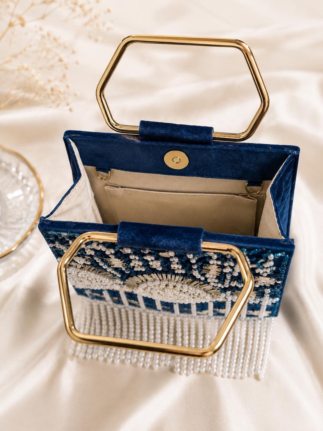 Handmade Blue Beaded Clutch Bag, Pearl Fringe Evening Purse, Art Deco Statement Handbag