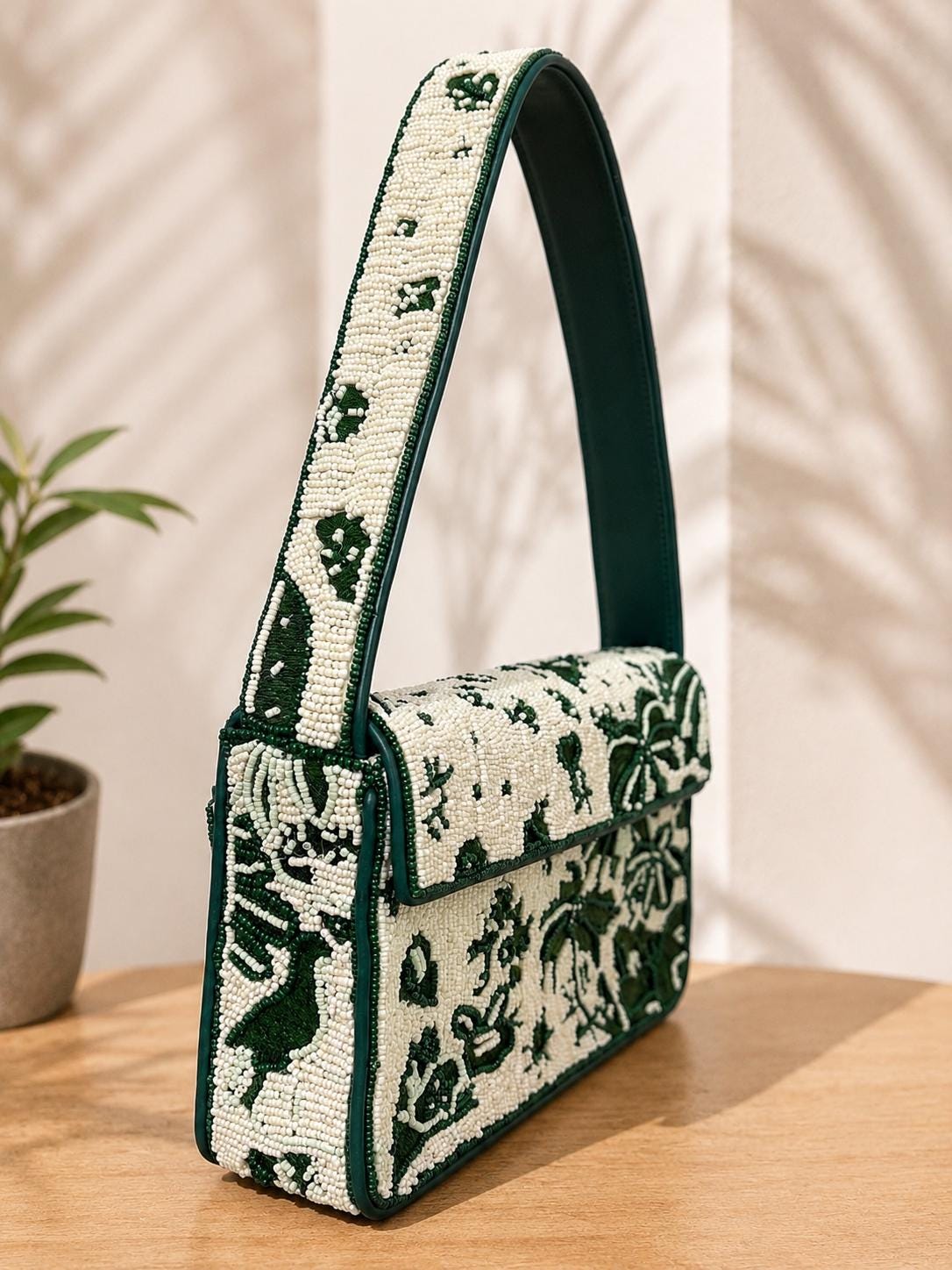 Handmade Beaded Shoulder Bag – Green Ivory Floral Botanical Statement Purse