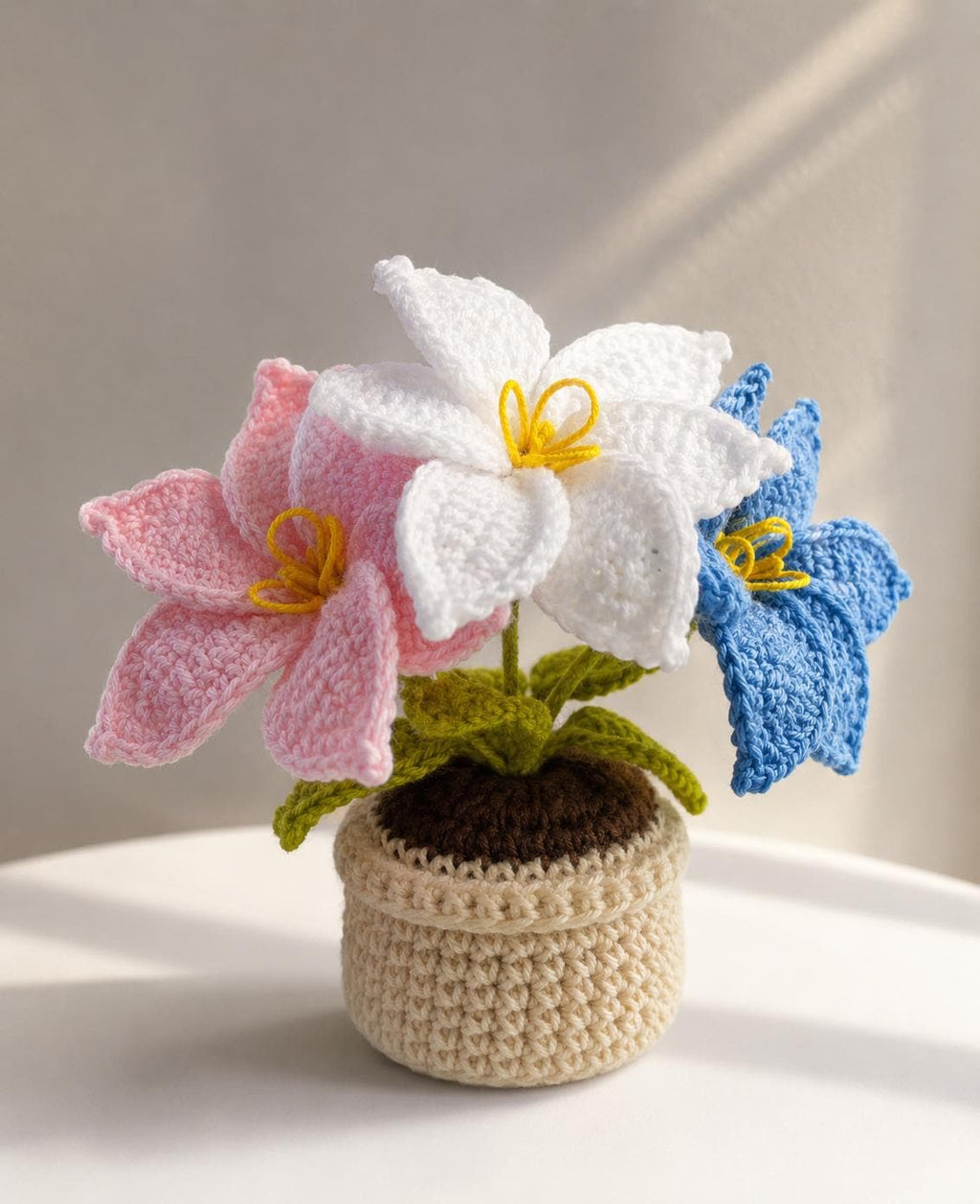 Handmade Crochet Flower Pot, Colourful Everlasting Floral Decor, Home Desk Accent