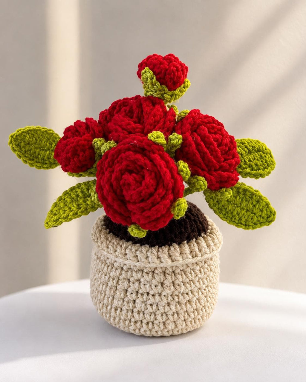 Crocheted Rose Flower Pot Arrangement, Everlasting Floral Home Decor