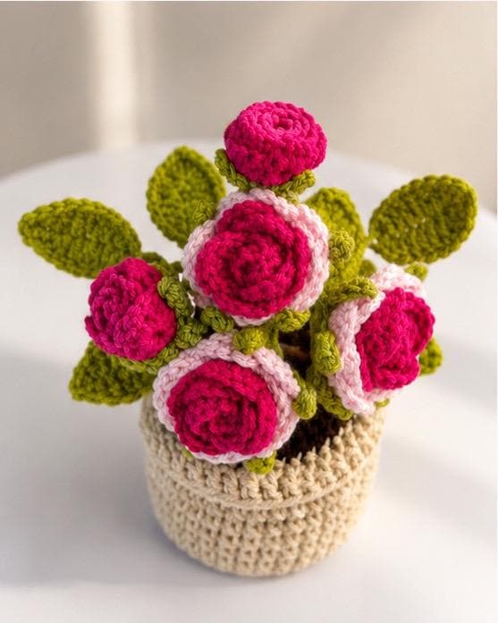 Crocheted Rose Flower Pot Arrangement, Everlasting Floral Home Decor