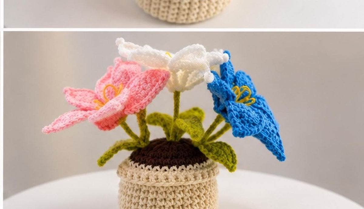 Handmade Crochet Flower Pot, Colourful Everlasting Floral Decor, Home Desk Accent