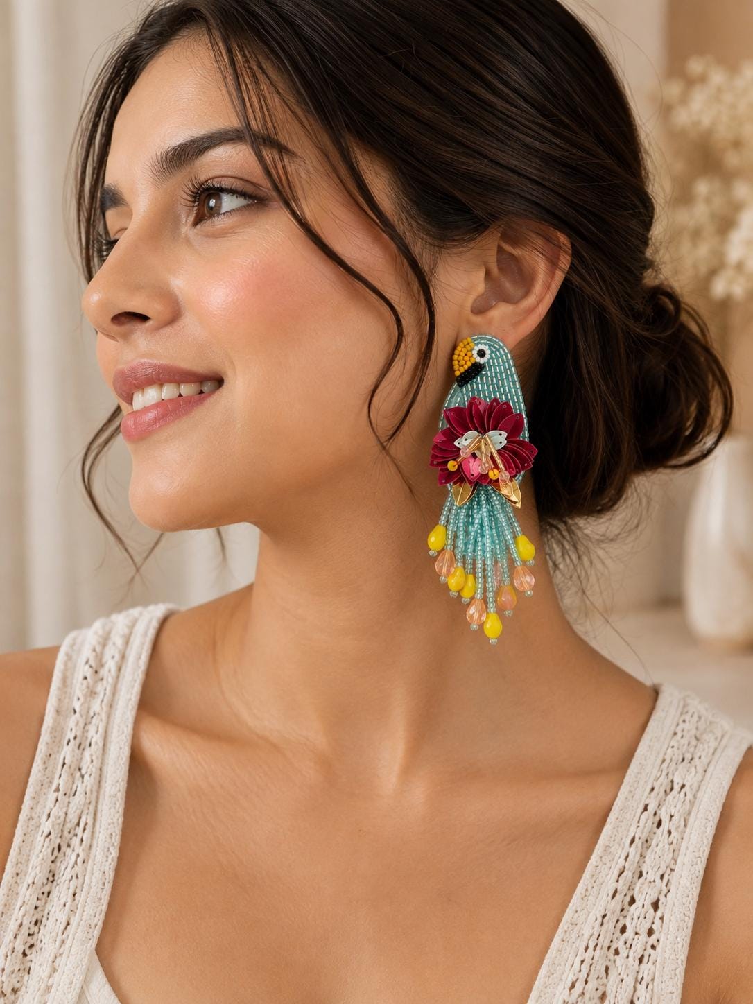 Handmade Beaded Parrot Earrings, Colourful Floral Boho Statement Jewellery, sequin earrings