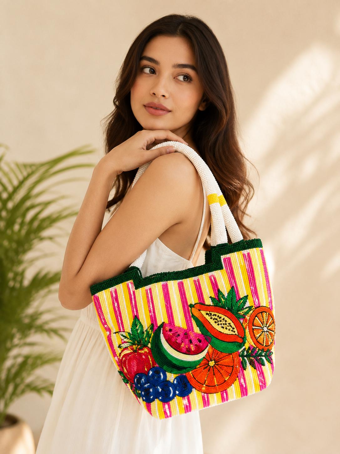 Handmade Beaded Fruit Tote Bag | Colorful Tropical Shoulder Purse, Summer Vacation Beach Bag