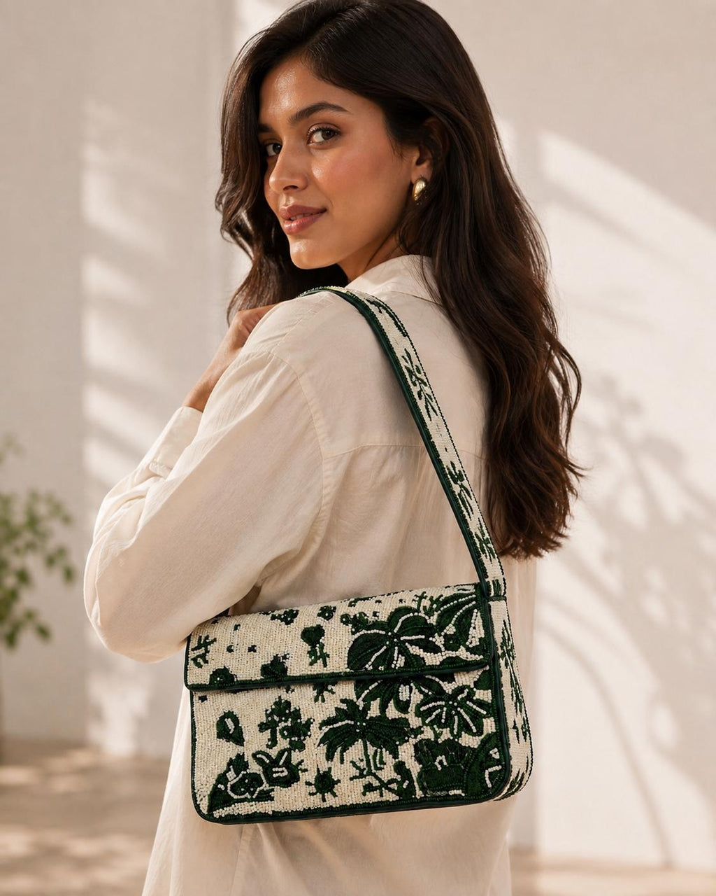 Handmade Beaded Shoulder Bag – Green Ivory Floral Botanical Statement Purse
