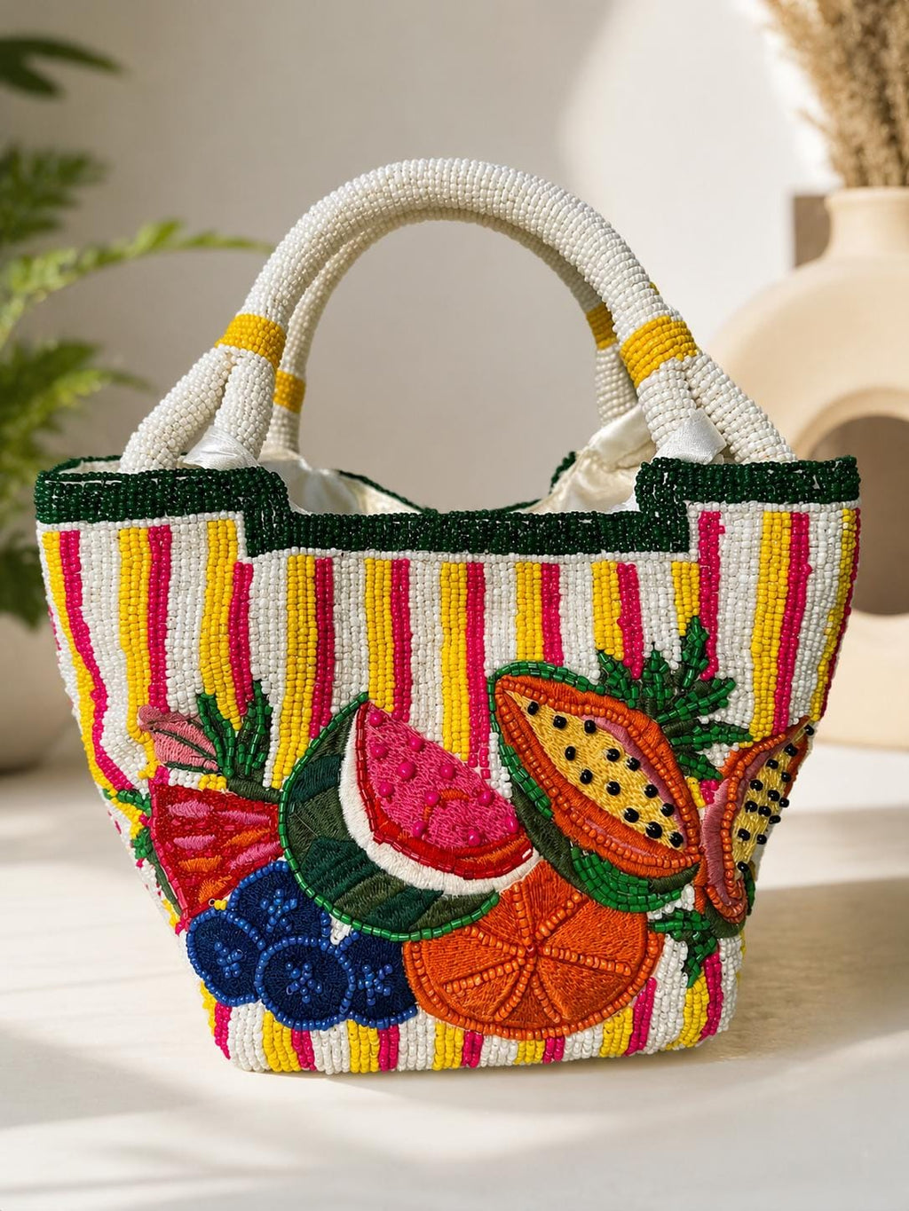 Handmade Beaded Fruit Tote Bag | Colorful Tropical Shoulder Purse, Summer Vacation Beach Bag